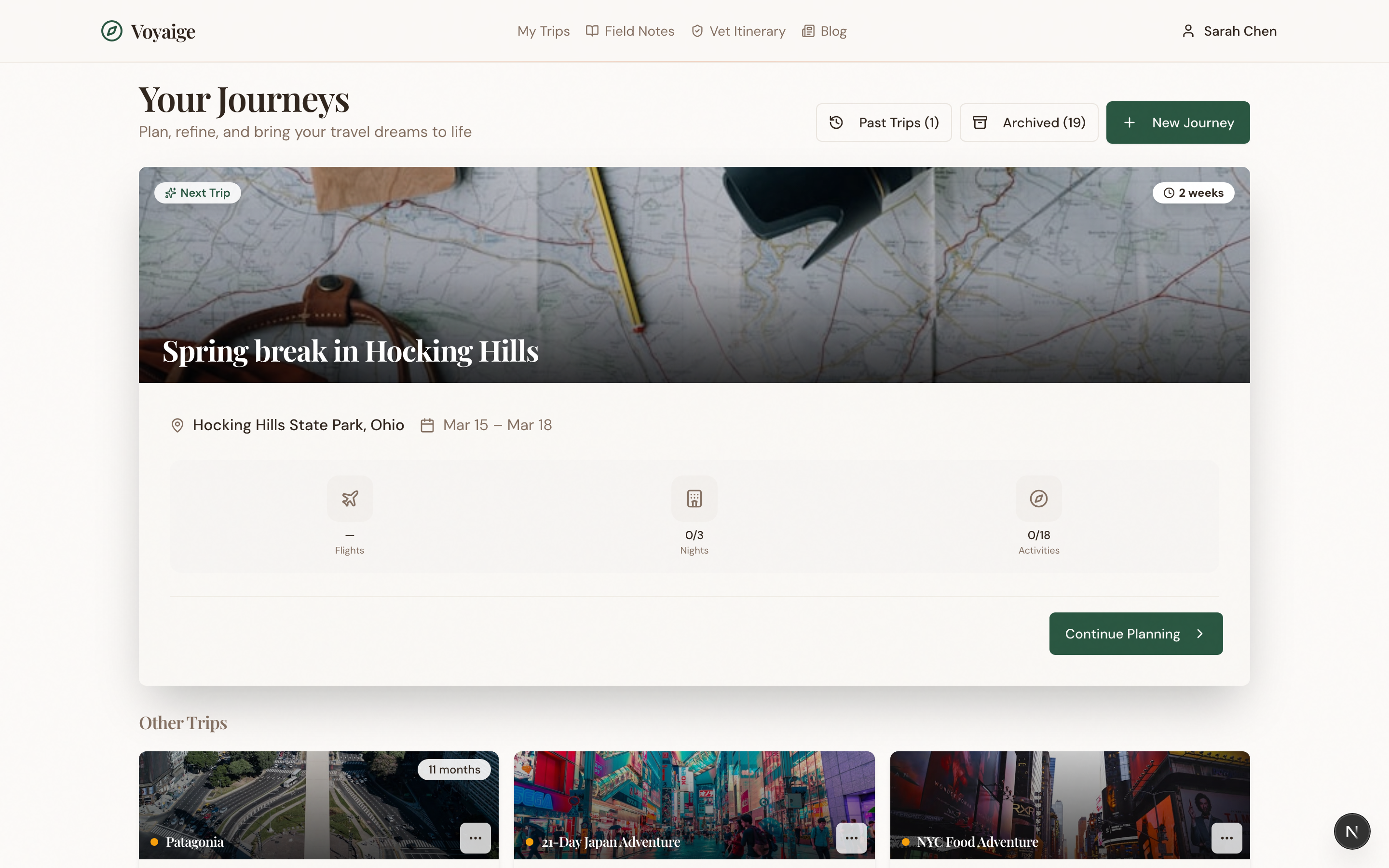 Dashboard showing multiple trips with booking progress and countdown timers
