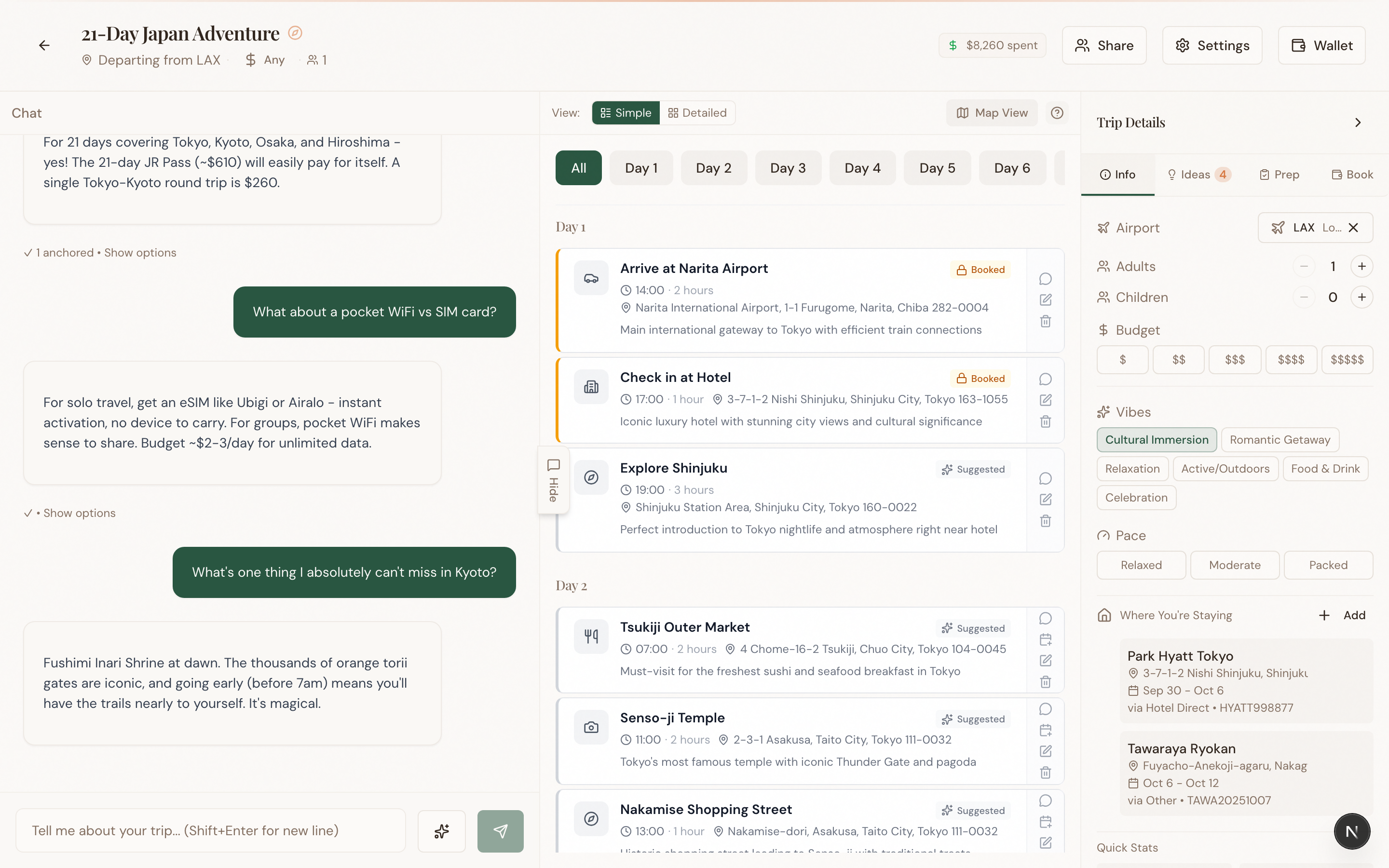 21-day Japan itinerary with day-by-day activities, times, and booking status