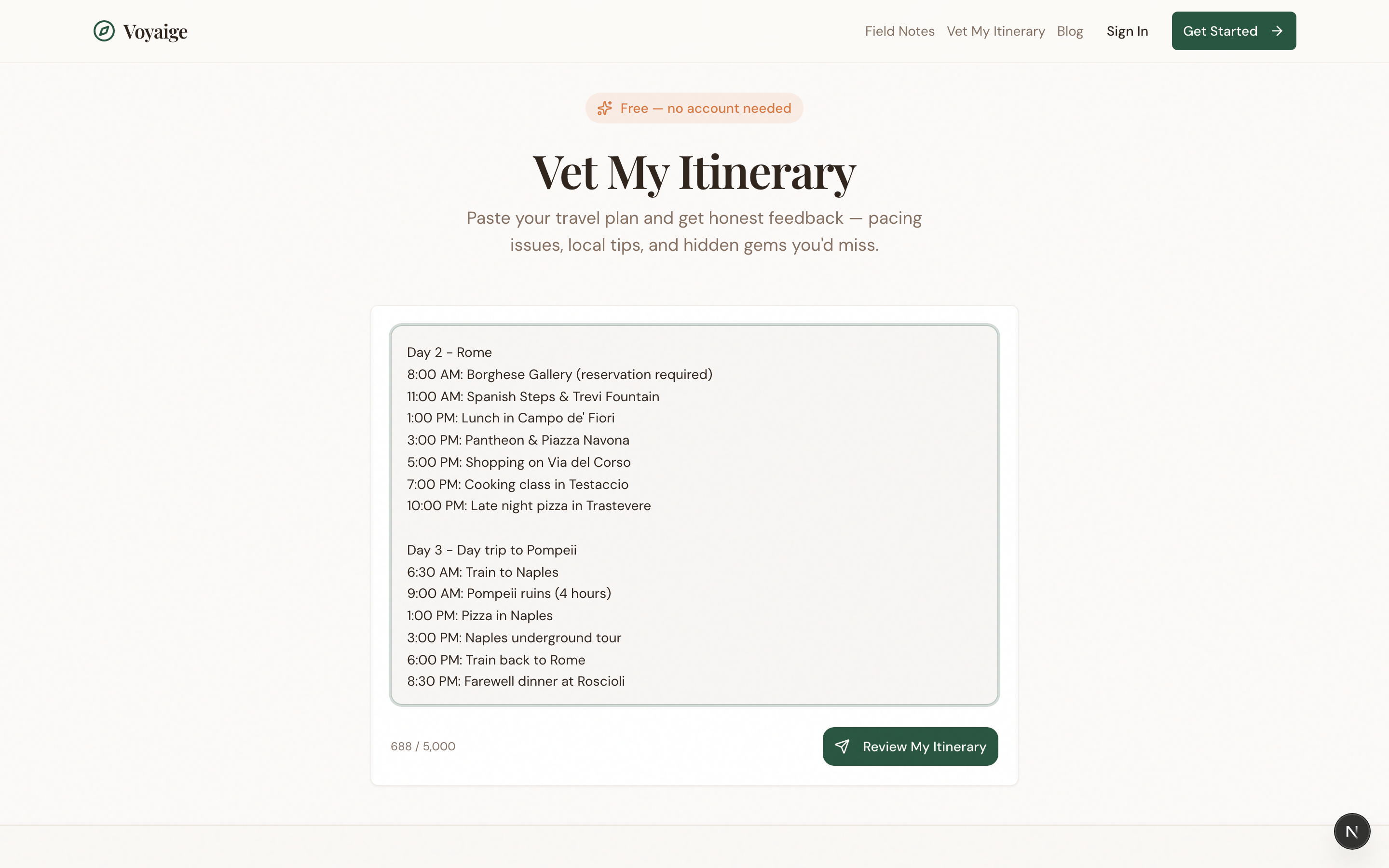 Vet My Itinerary: pasted Rome travel plan ready for AI review